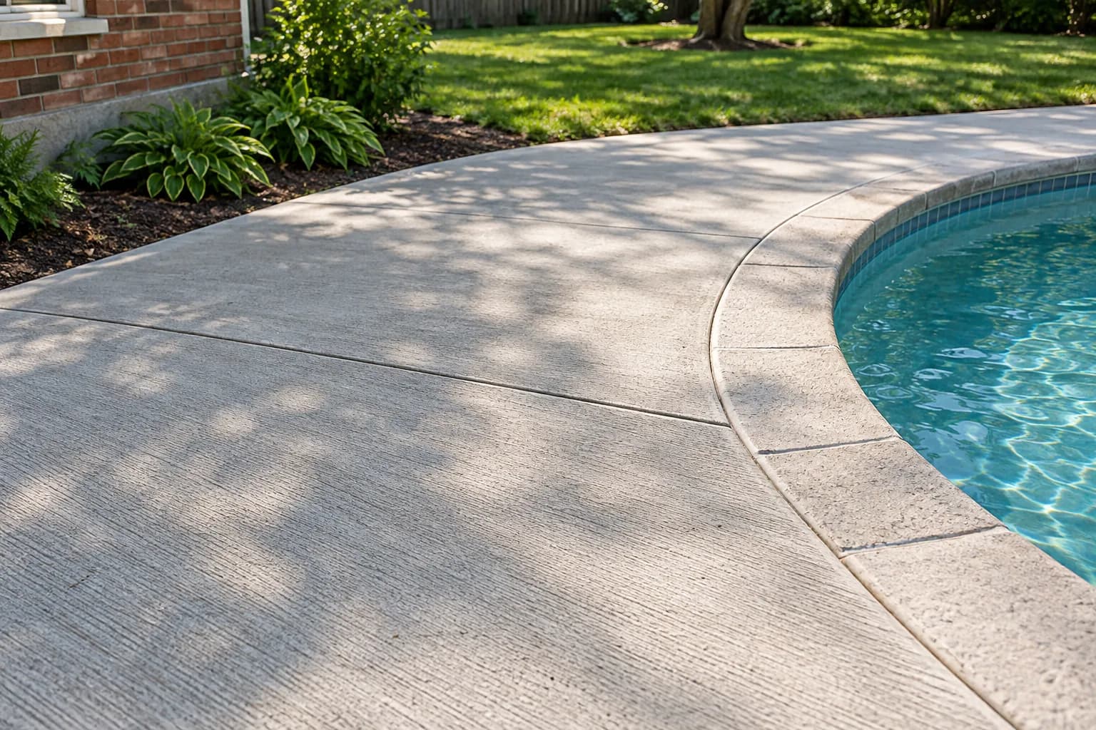 Concrete pool deck in a cold-climate residential setting