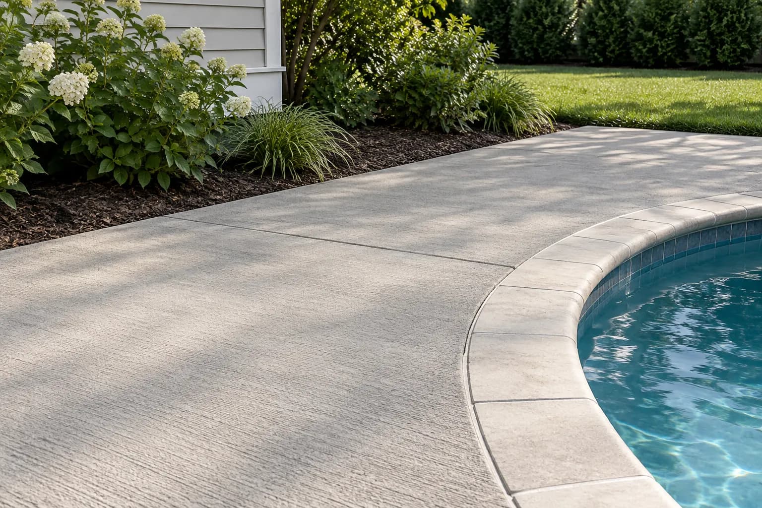 Concrete pool deck in a humid-climate residential setting