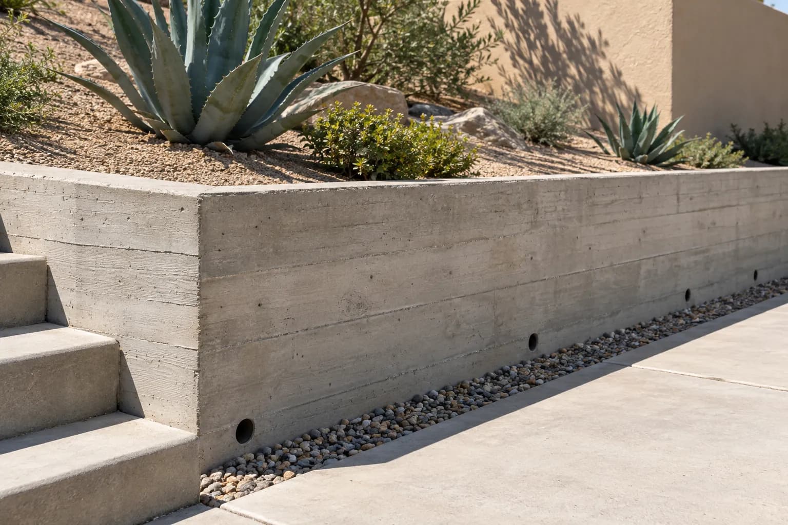 Concrete retaining wall in a dry-climate residential setting