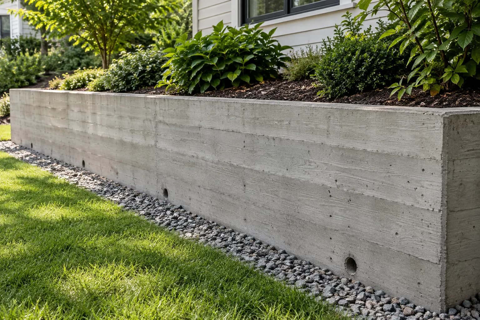 Concrete retaining wall in a humid-climate residential setting