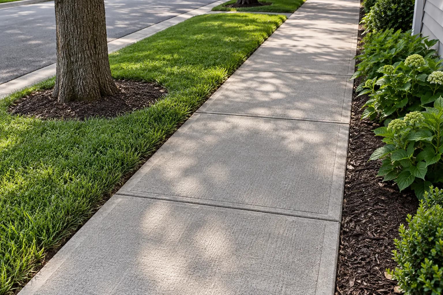 Concrete sidewalk in a humid-climate residential setting