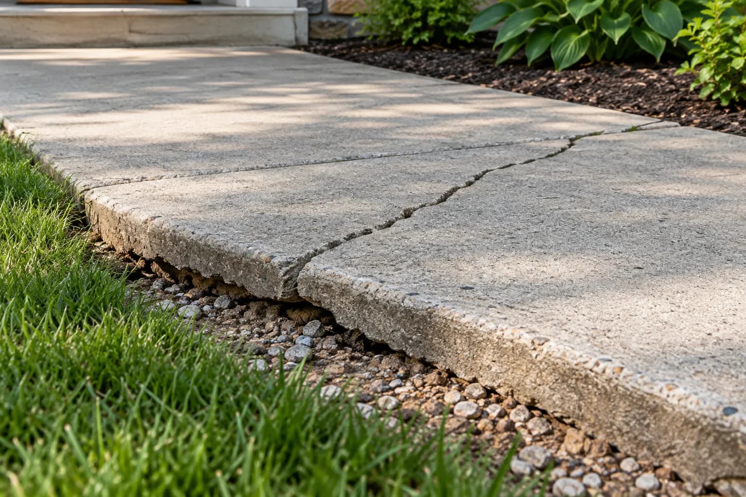 Diagonal settlement crack with one side of the slab sunk lower