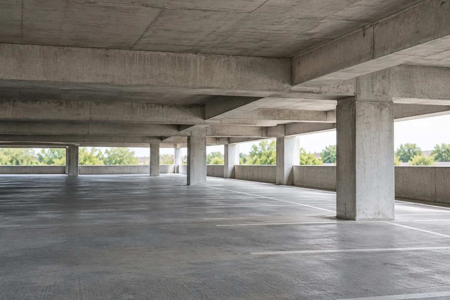 Empty concrete parking garage deck with columns and beams