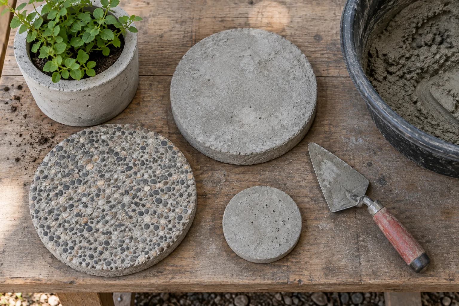 Small handmade concrete projects on a workbench
