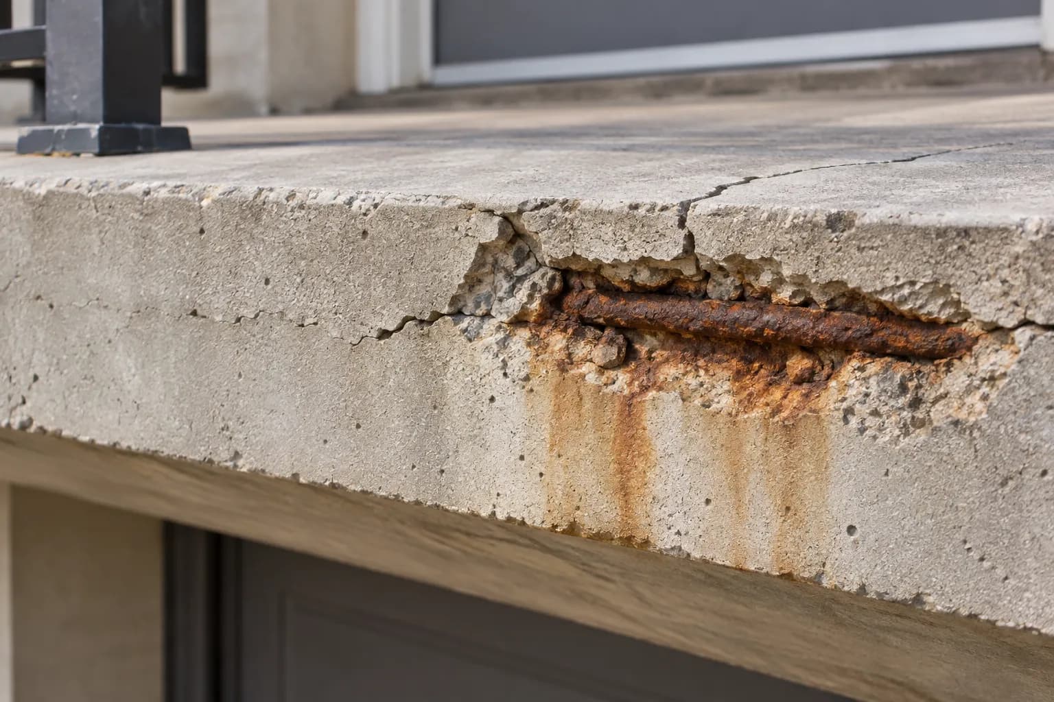 Spalled concrete edge exposing rusted rebar and rust stains