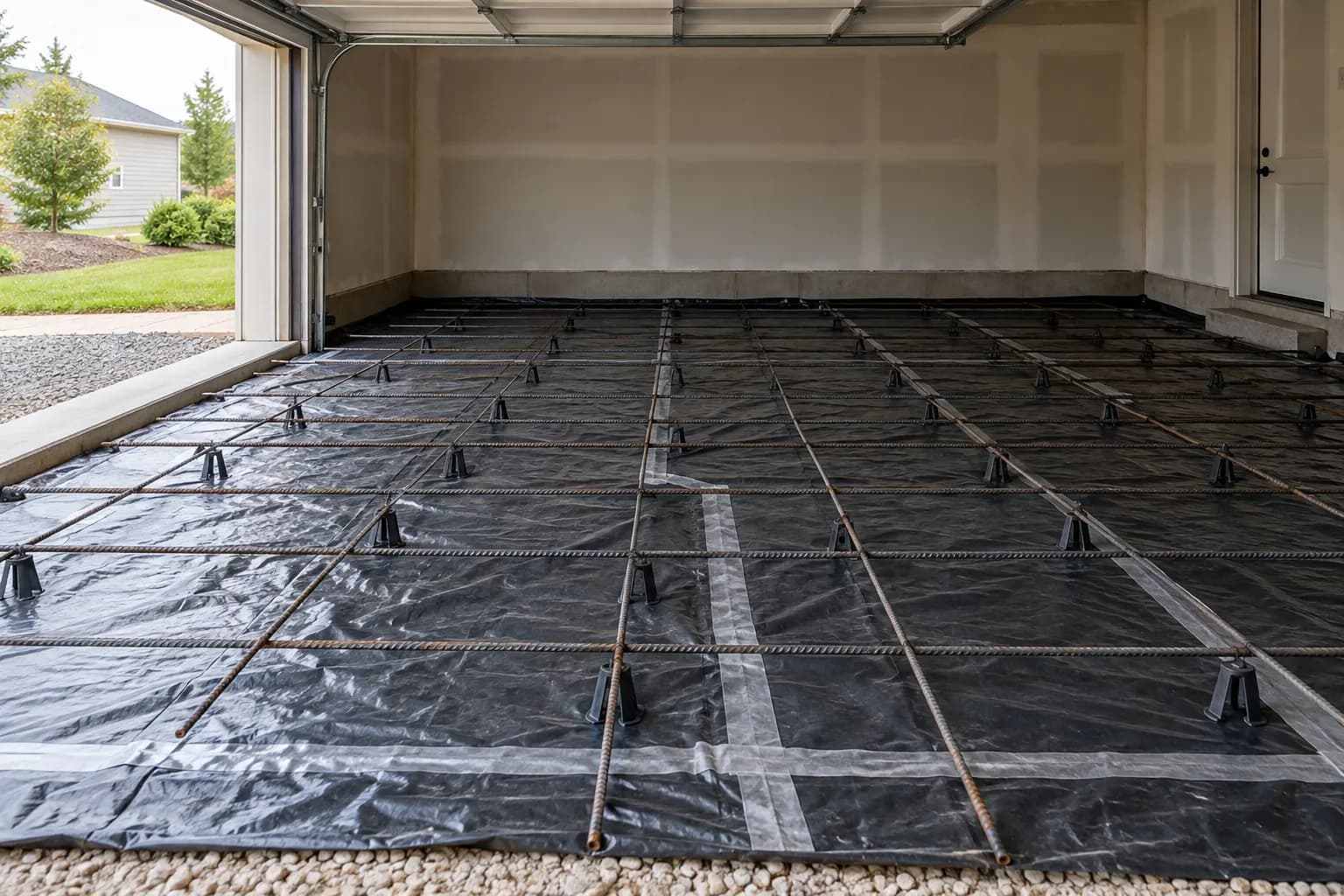 Vapor barrier and rebar laid over gravel in a garage before the pour