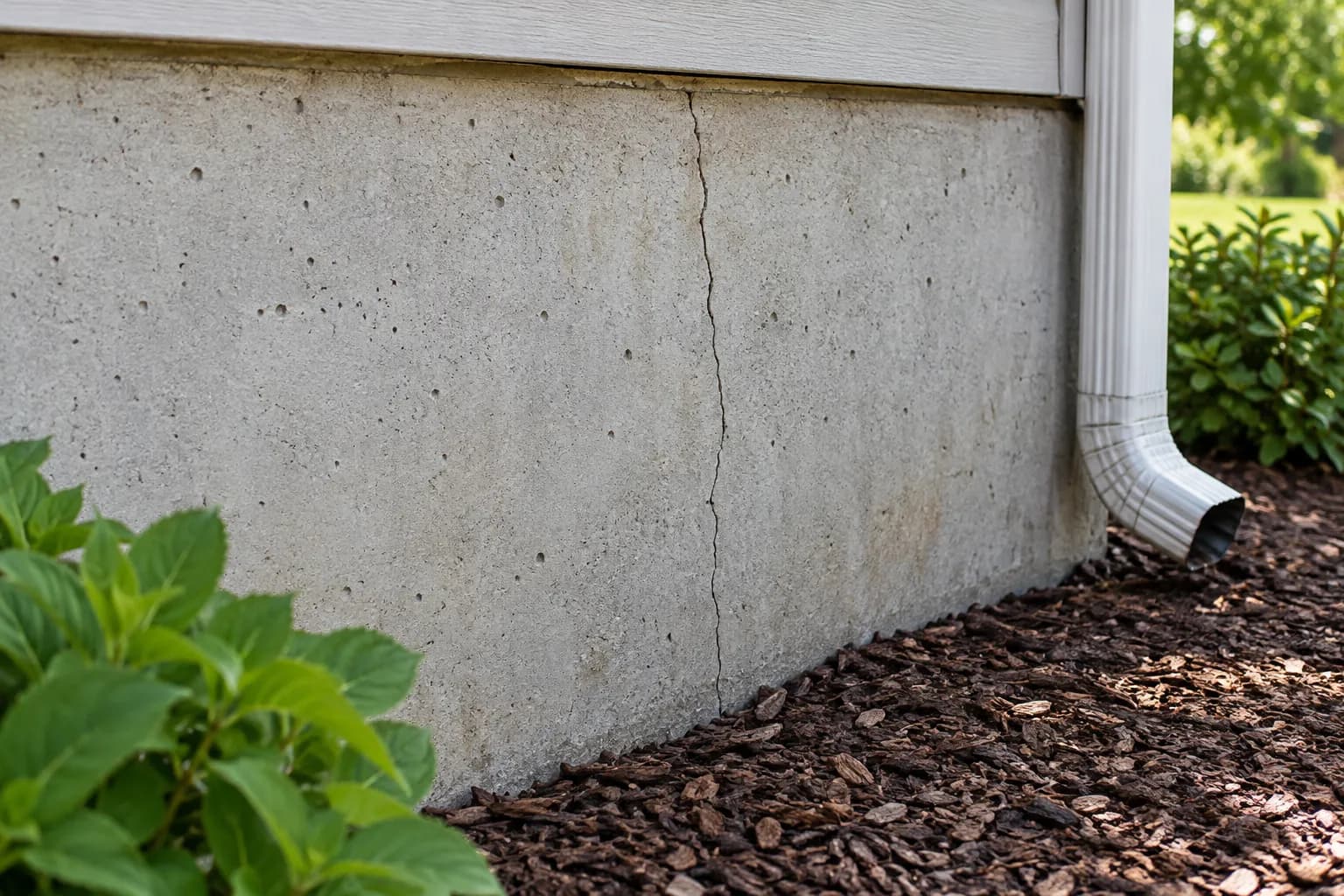 Vertical hairline crack in a poured concrete foundation wall