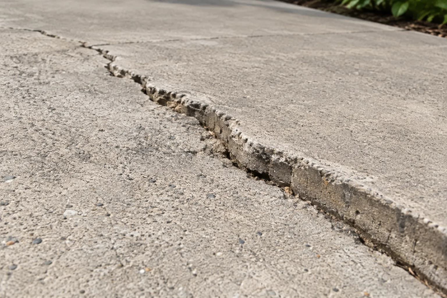 Wide concrete crack with a vertical offset between the two sides