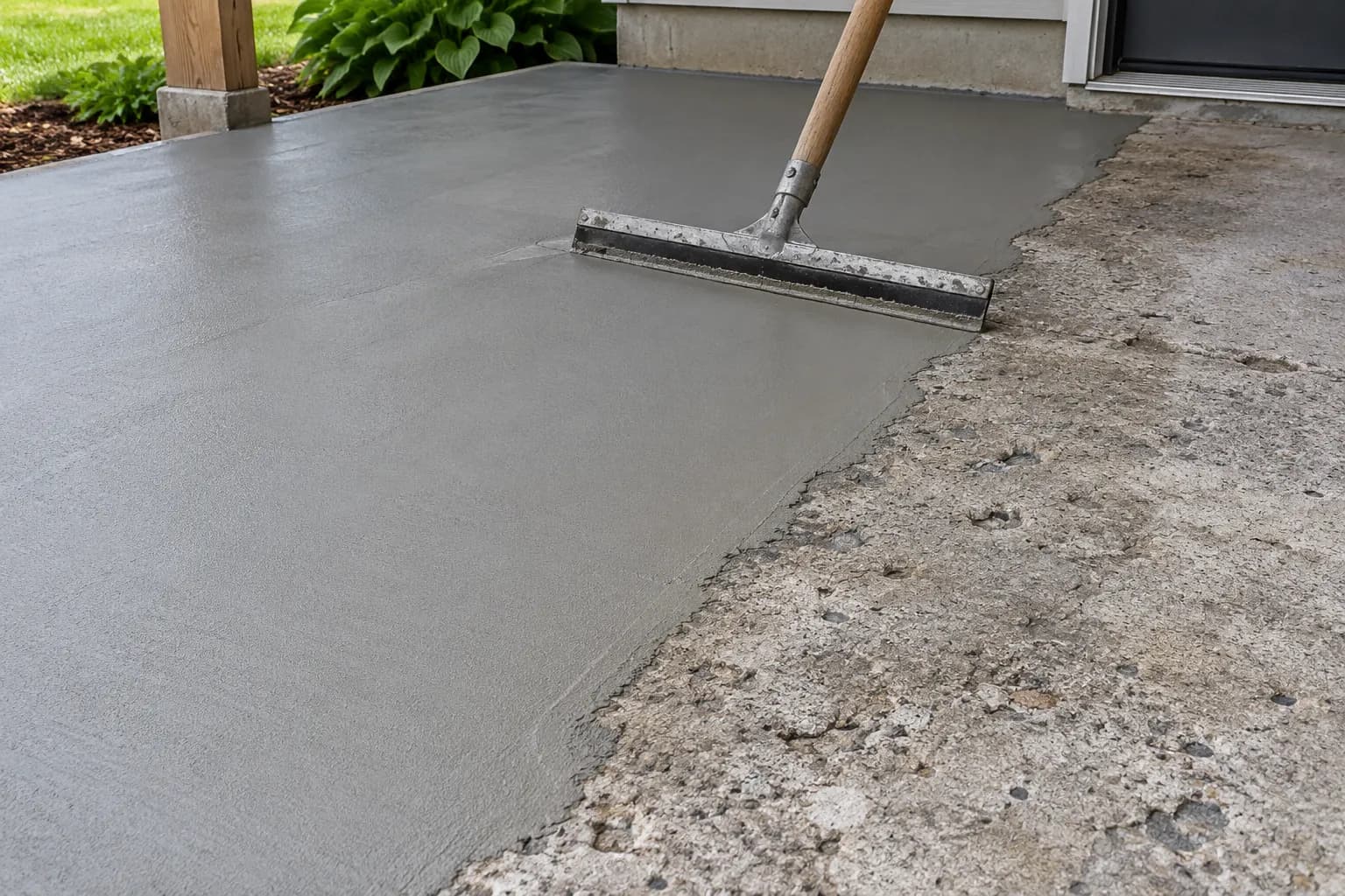 Worn concrete patio half covered with a fresh resurfacing overlay