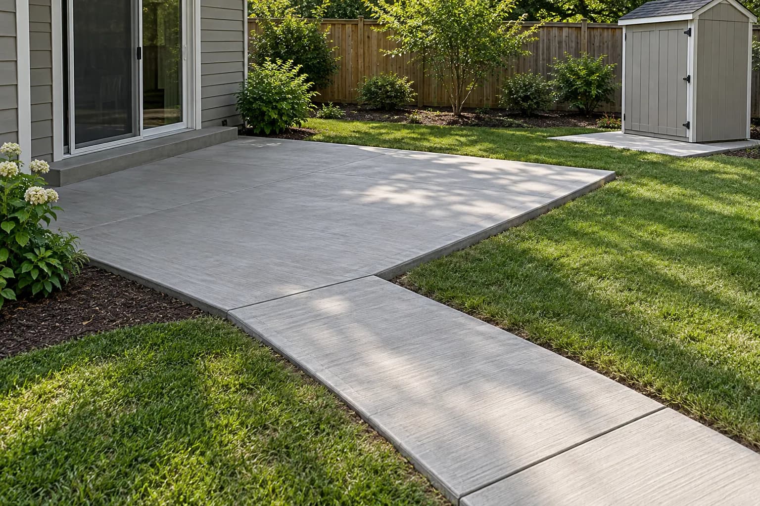 Backyard with a new concrete patio, walkway and shed pad