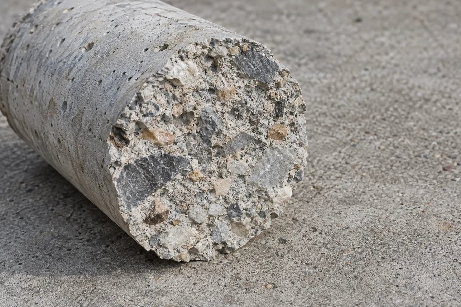 Broken concrete face showing coarse aggregate, sand and cement paste