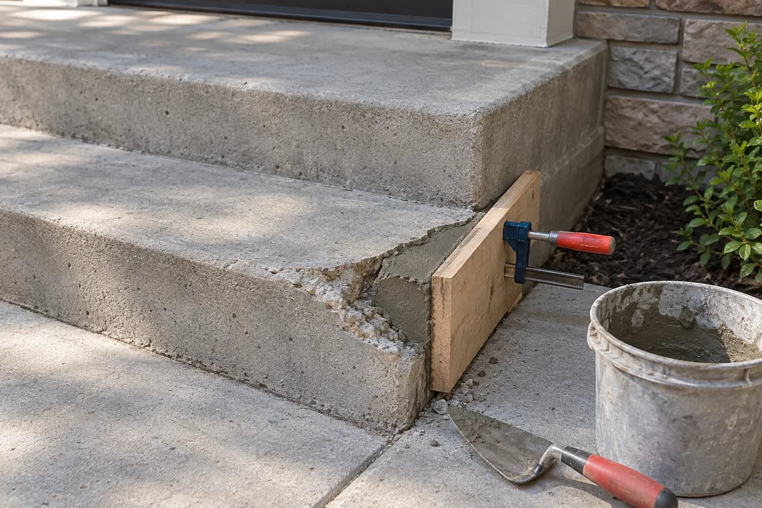 Broken corner on a concrete step with a form and patch mortar