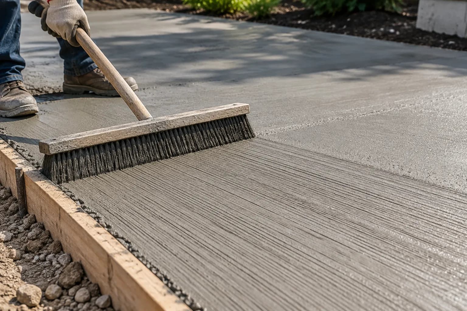 Broom finish being applied to a fresh concrete slab