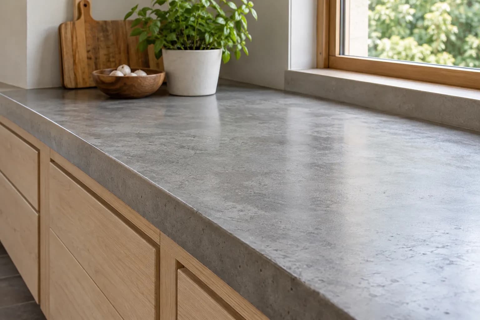 Cast concrete kitchen countertop with a smooth polished edge