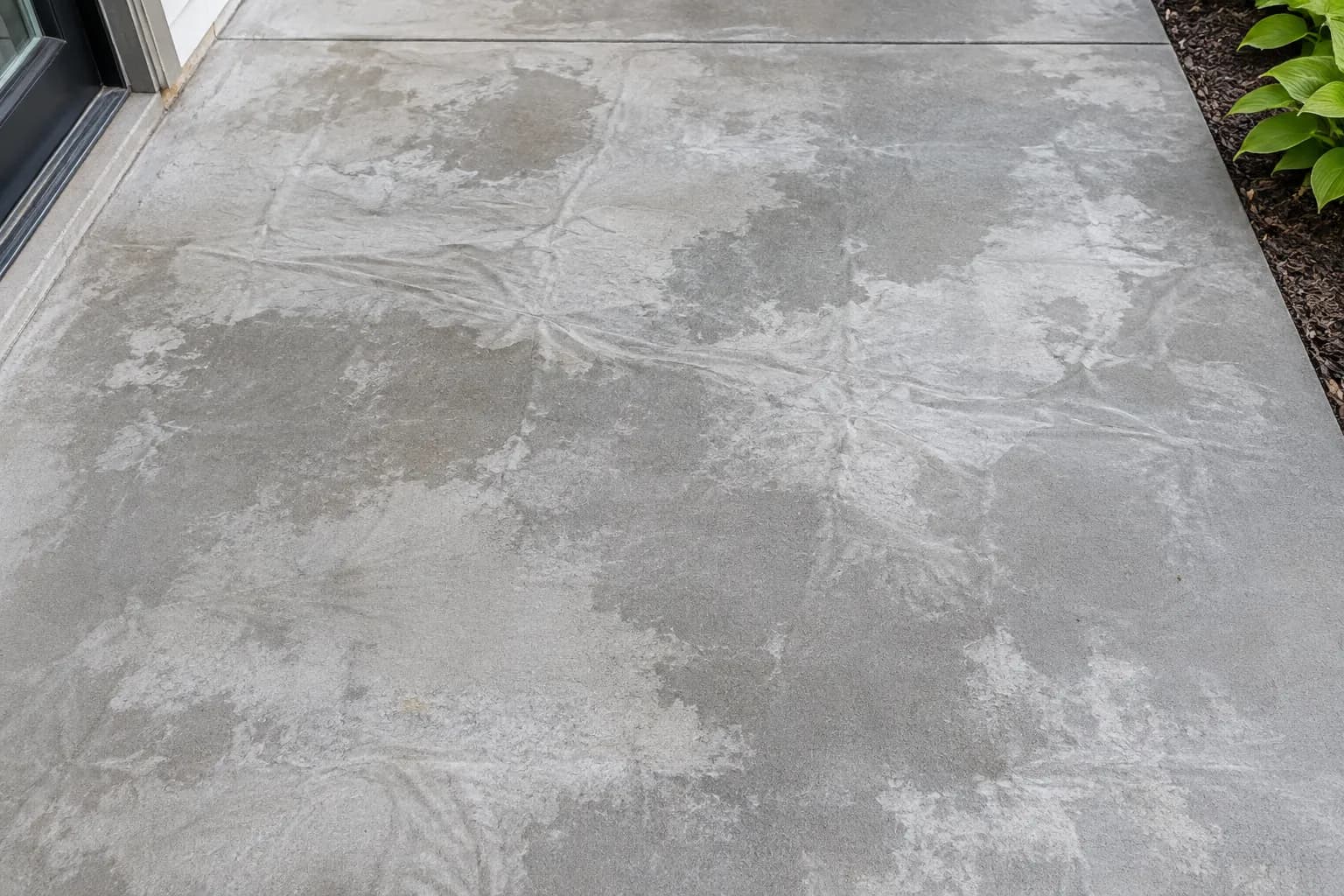 Concrete patio with blotchy light and dark discoloration