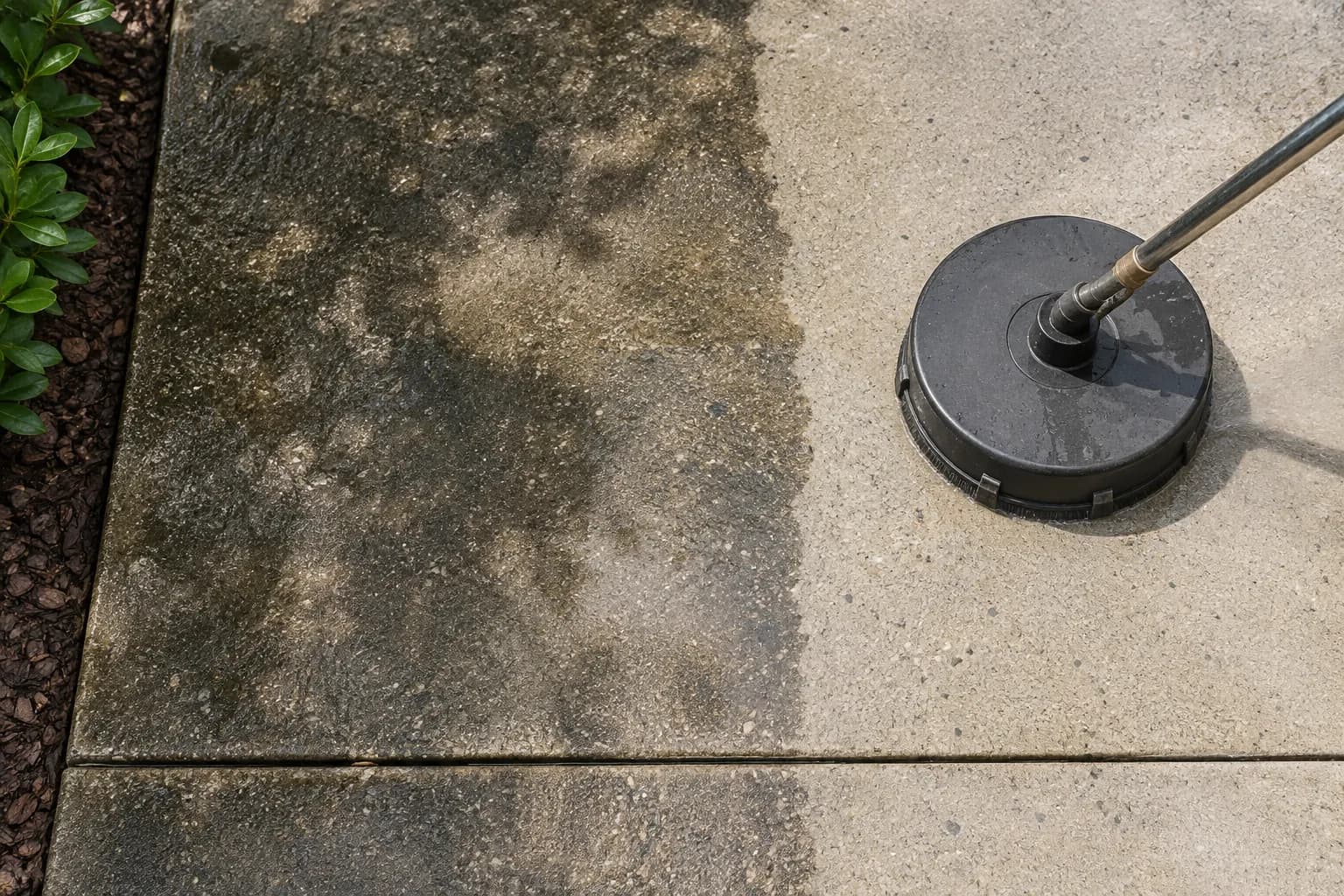 Concrete patio half cleaned with a pressure-washer surface cleaner