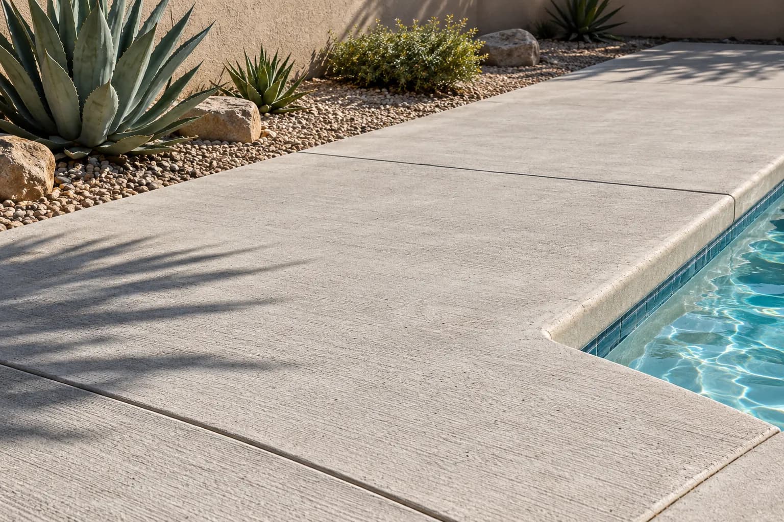 Concrete pool deck in a dry-climate residential setting