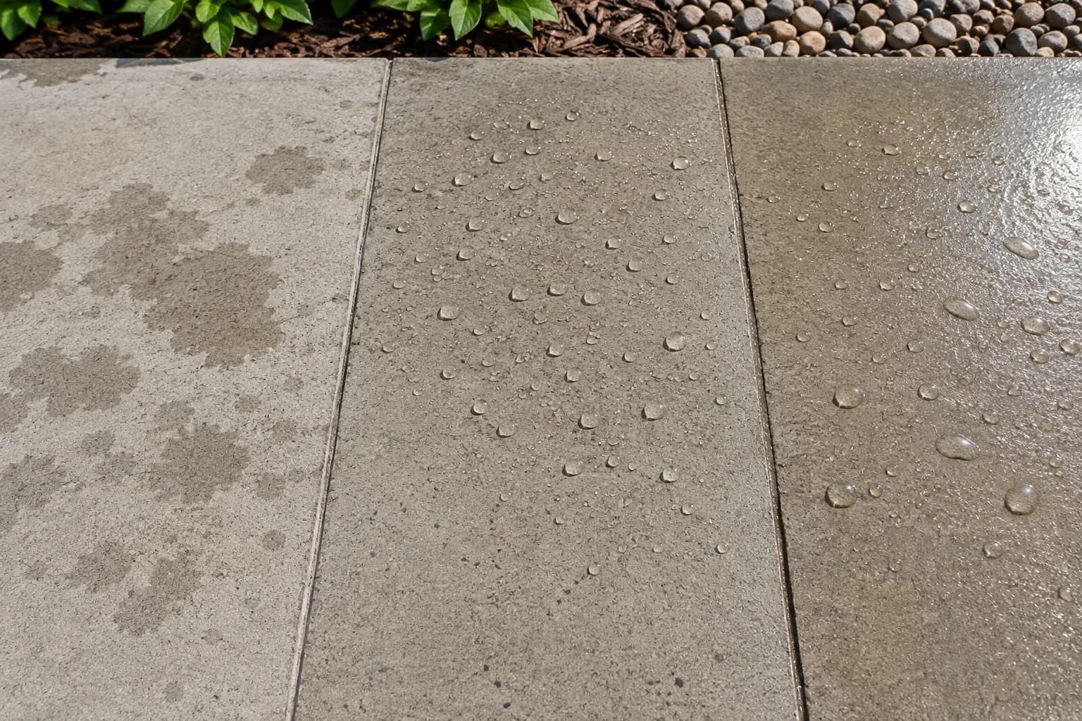 Concrete slab in three bands: unsealed, penetrating sealer and acrylic sealer