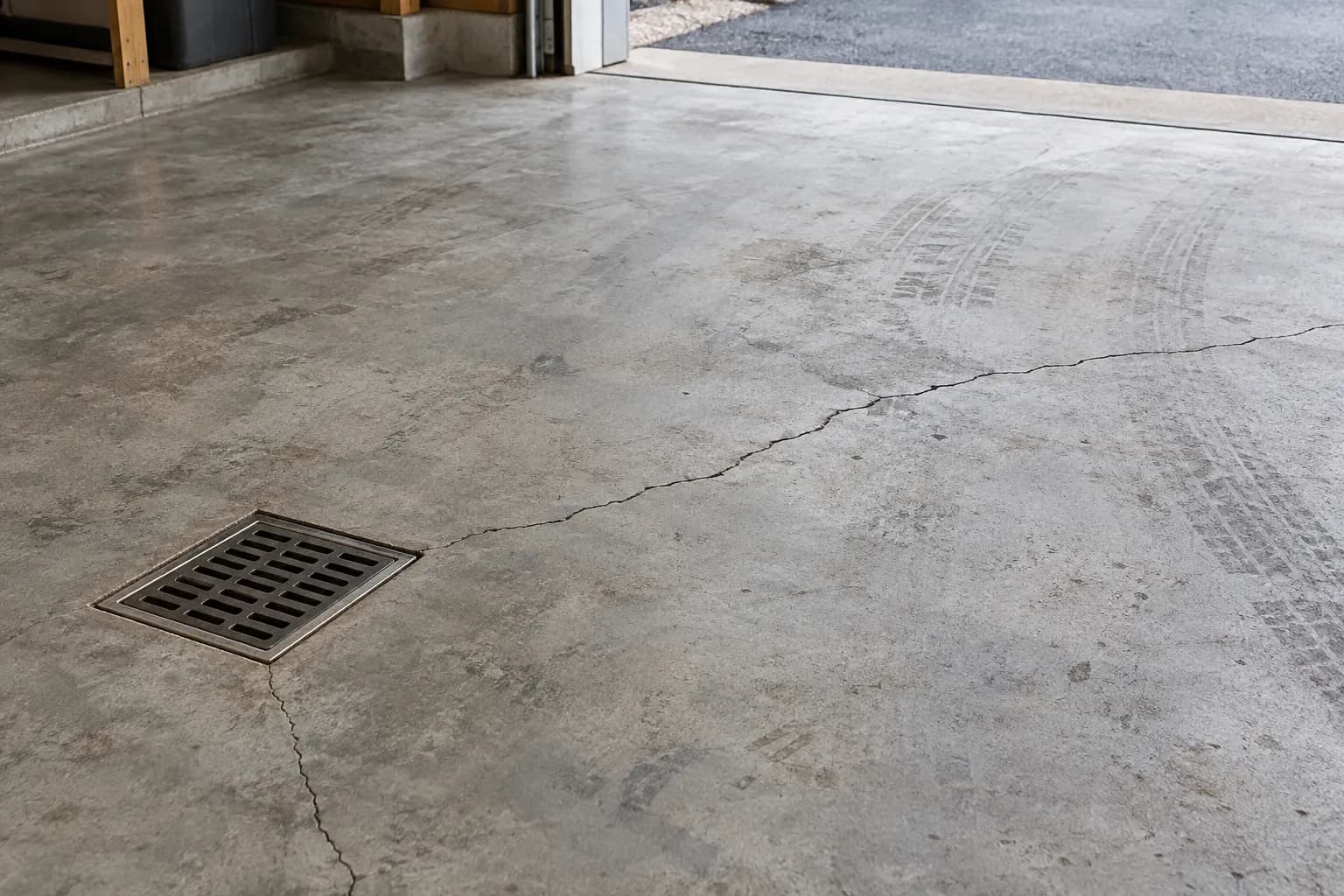 Crack running across a residential garage floor slab