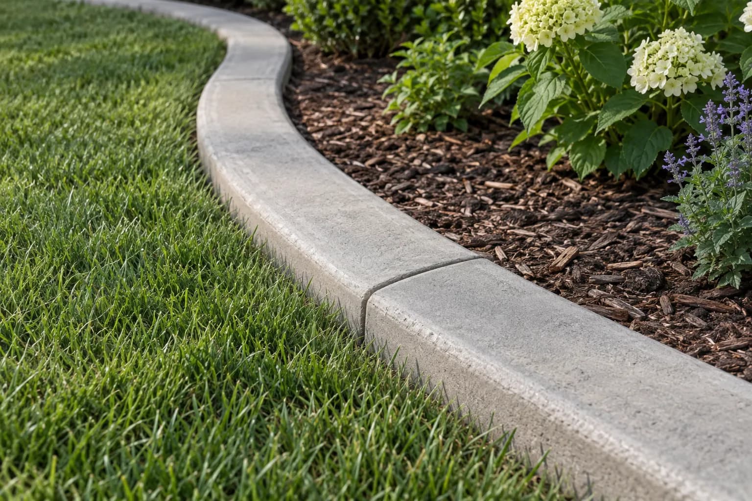 Curved concrete garden edging between lawn and a mulch bed