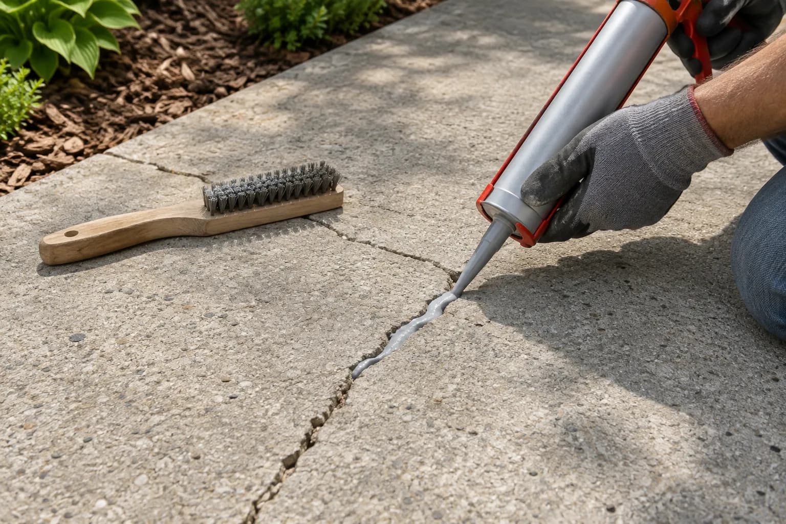Filling a crack in a concrete walkway with a caulk gun