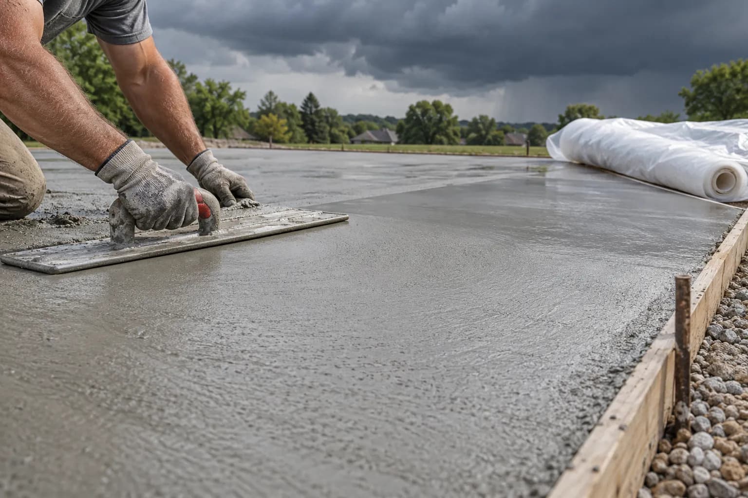 Finisher floating fresh concrete as rain clouds approach, plastic sheeting ready