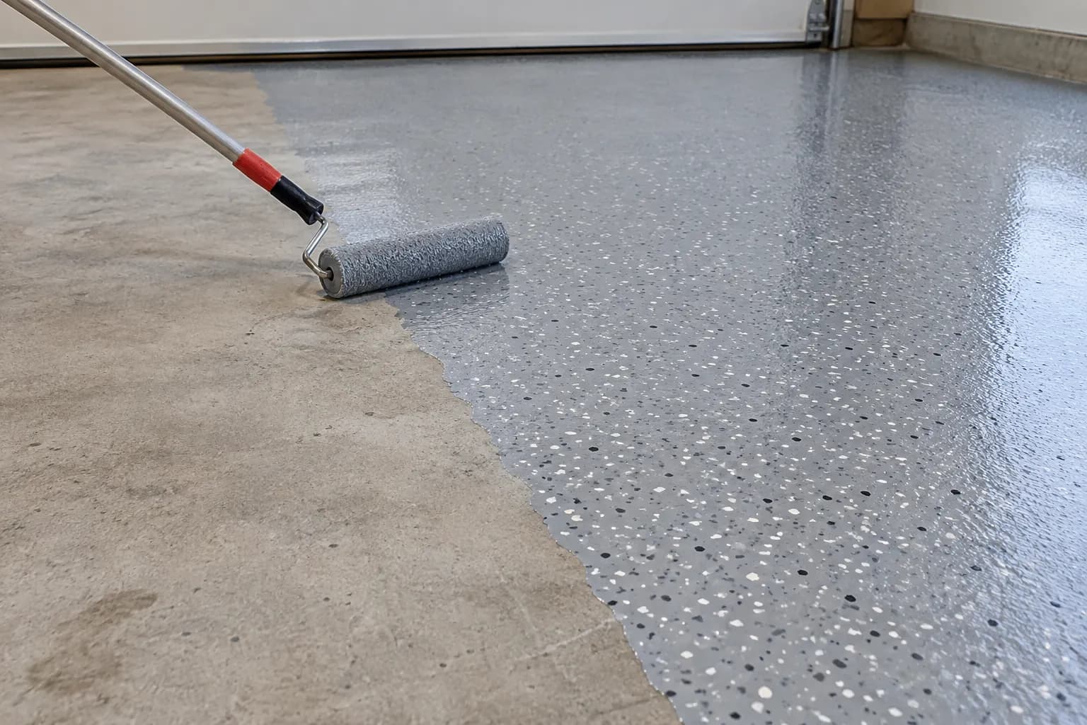 Garage floor half coated in flake epoxy next to bare concrete