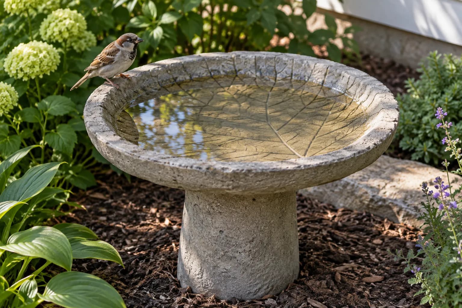 Handmade concrete bird bath with a leaf-shaped basin in a garden