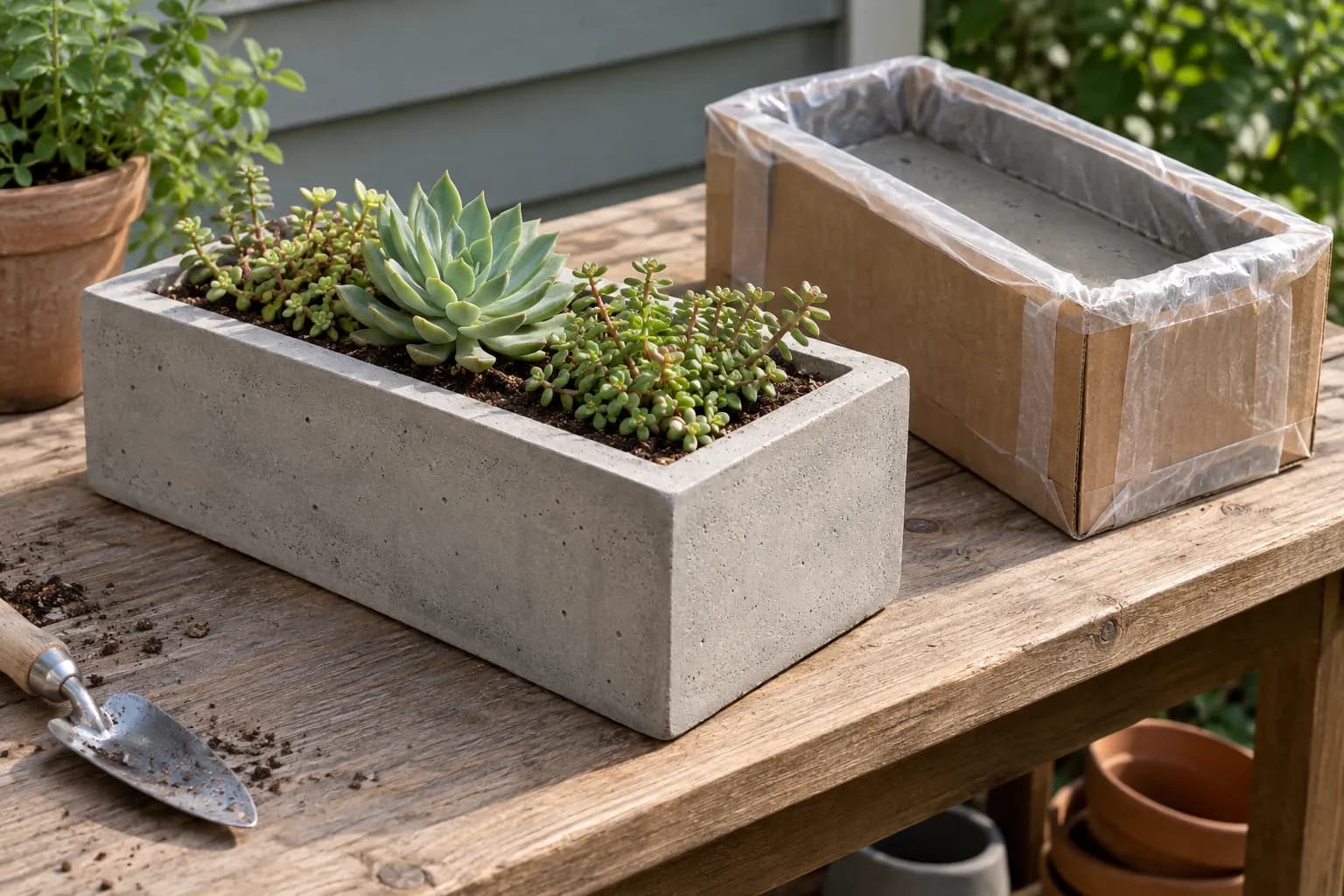 Handmade concrete planter with a succulent beside one still in its mold
