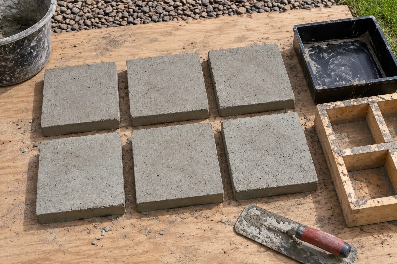 Homemade concrete pavers drying beside plastic and wooden molds