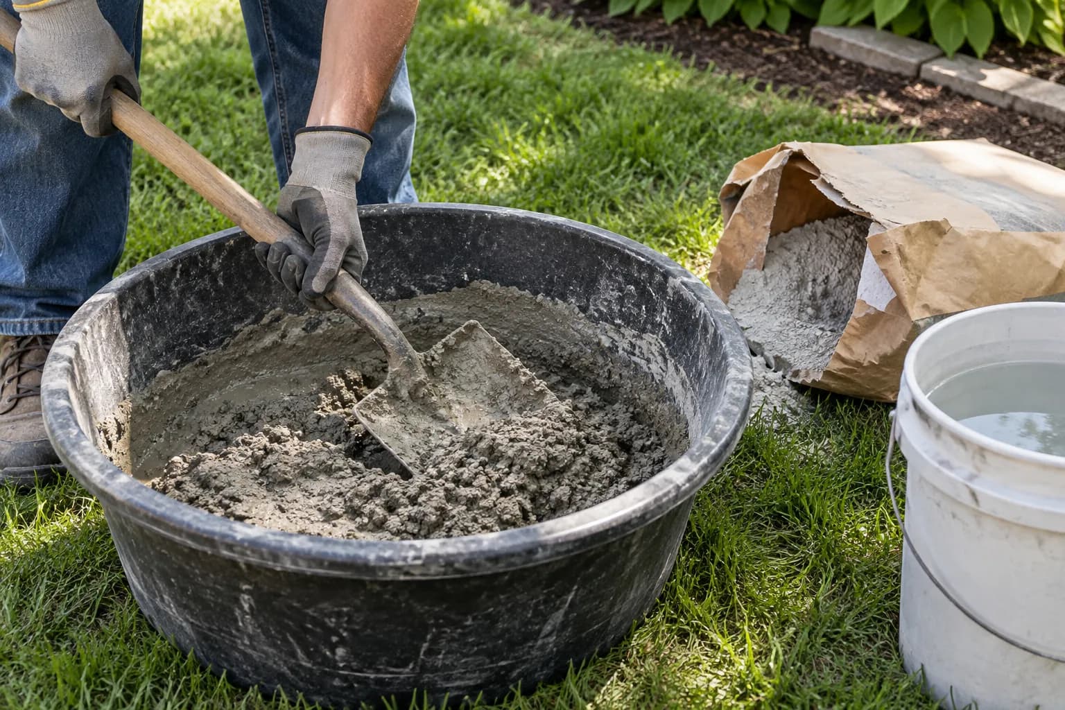 Mixing a small batch of concrete by hand in a plastic tub