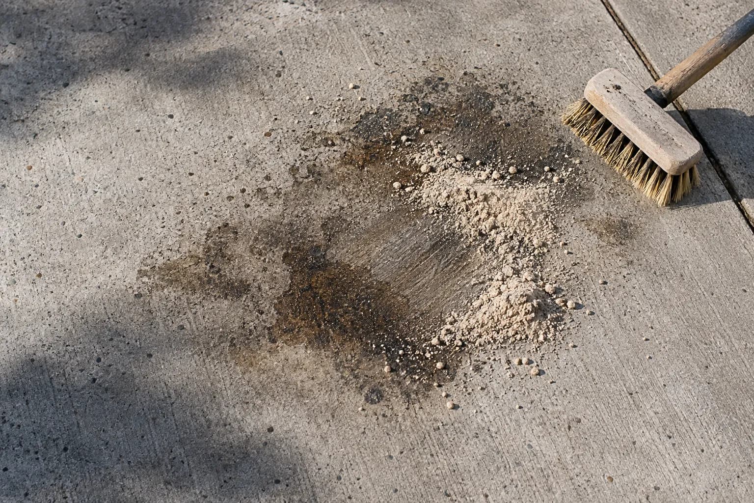 Oil stain on a concrete driveway partly scrubbed with a stiff brush