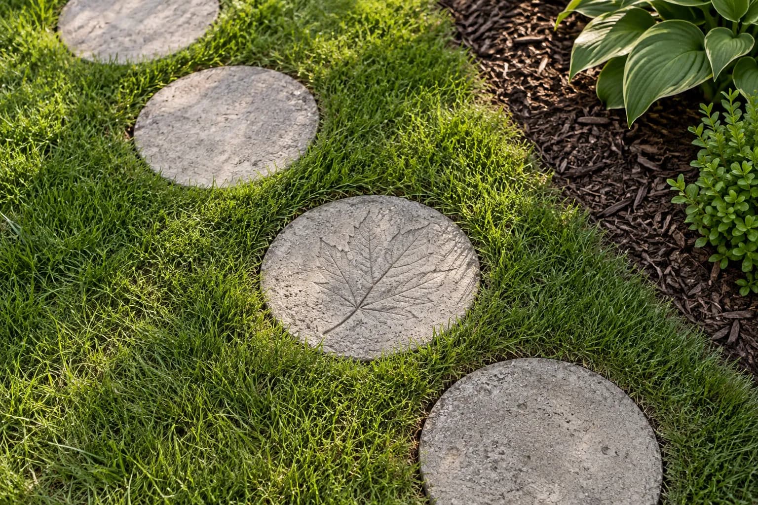 Path of round handmade concrete stepping stones in a lawn