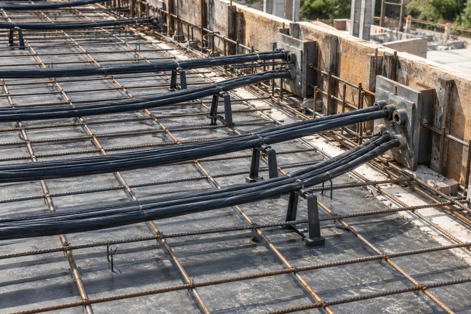 Post-tensioning tendons draped over chairs in parking deck formwork