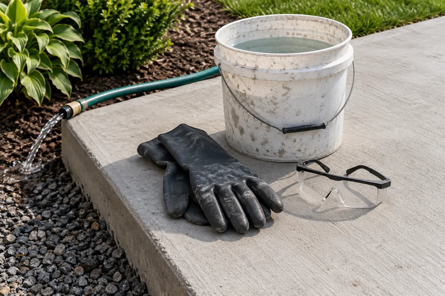 Rubber gloves, safety glasses and a water bucket next to fresh concrete