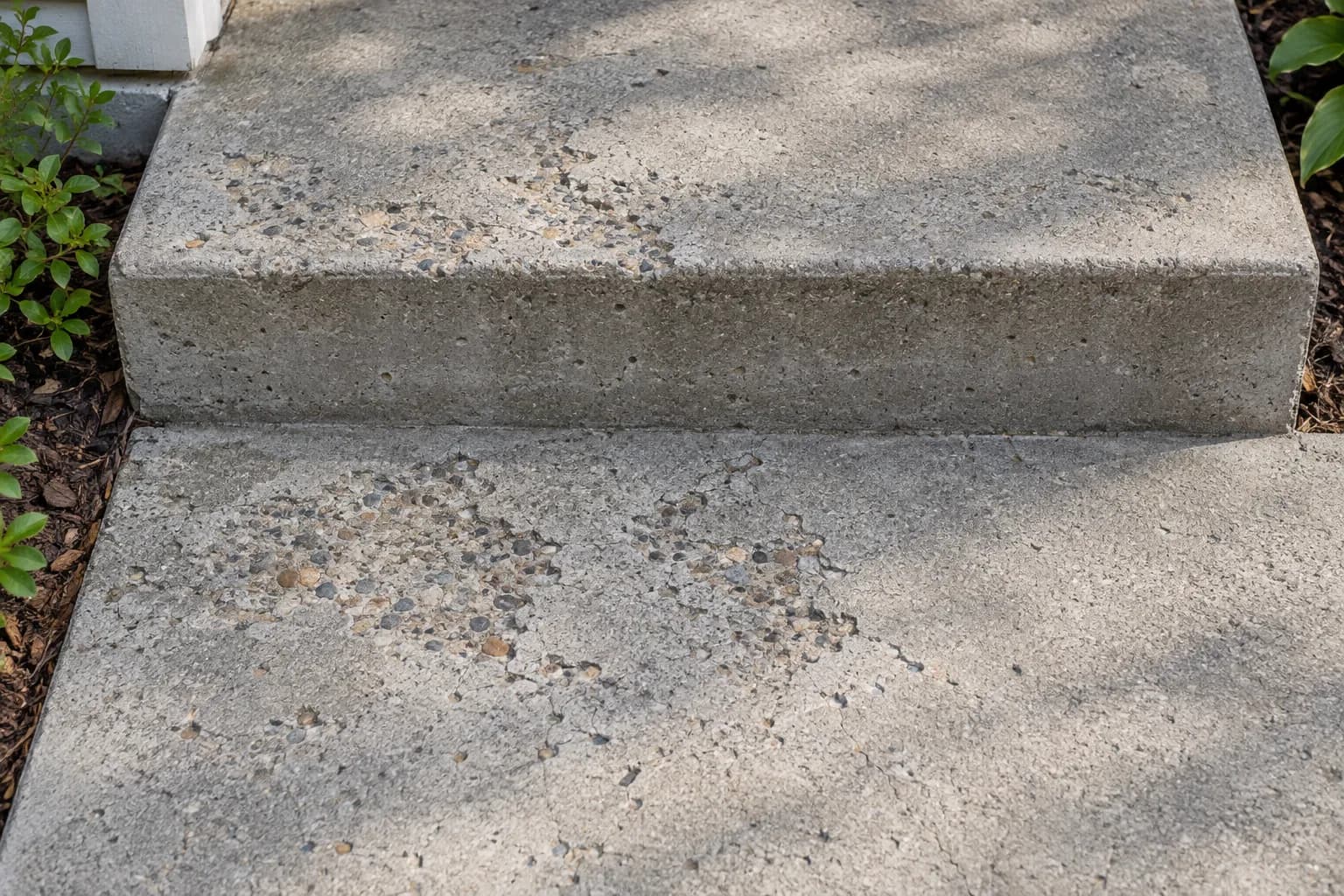 Spalled and scaled concrete exposing coarse aggregate
