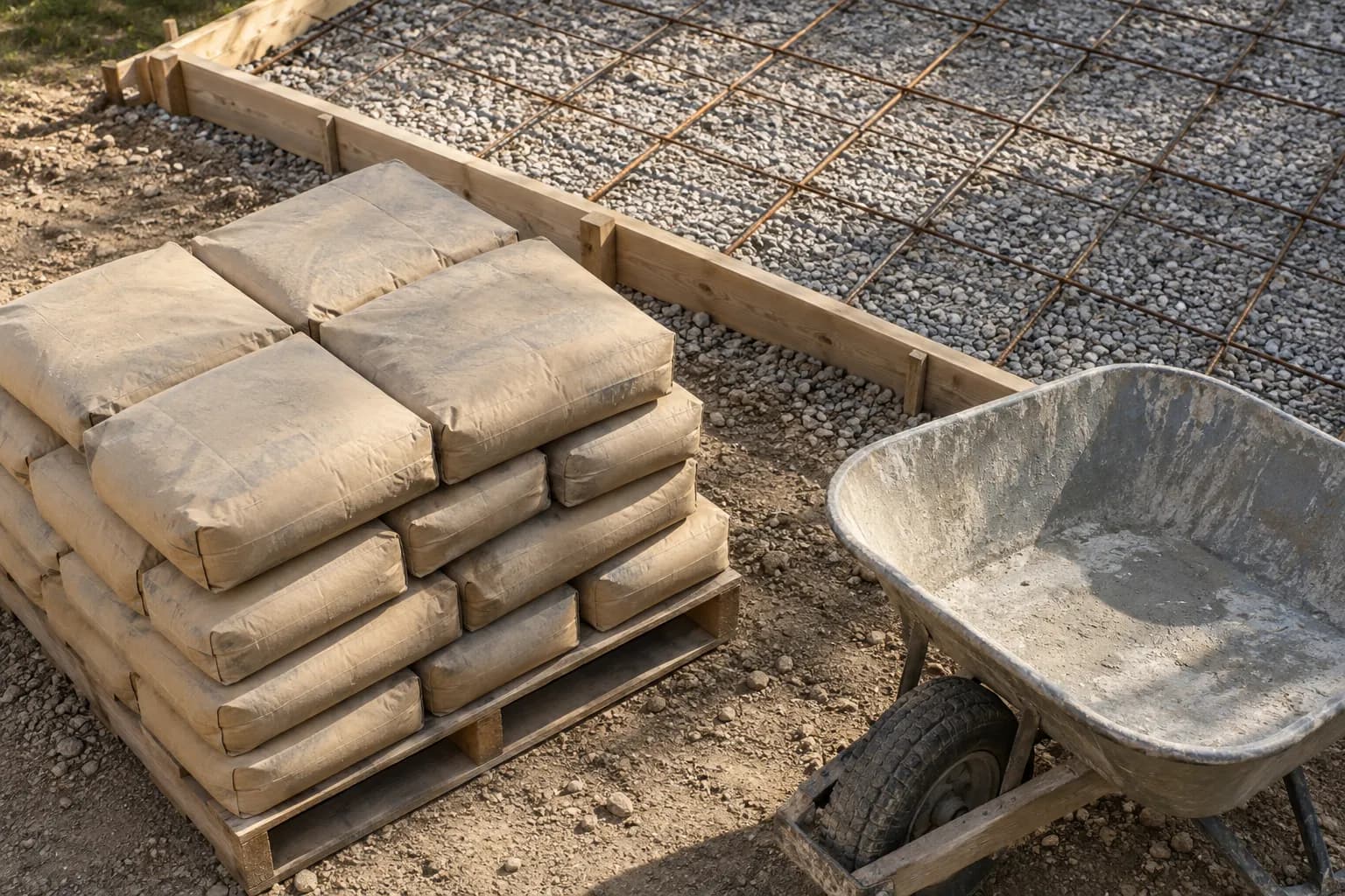 Stack of 80-lb concrete bags beside a wheelbarrow and formed slab