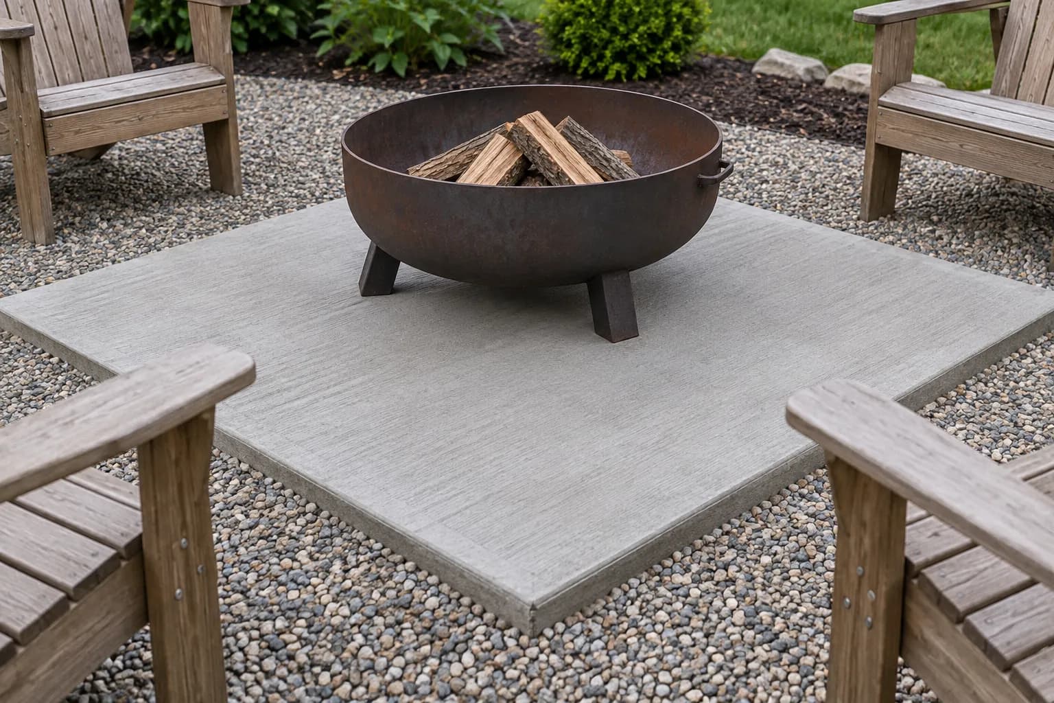 Steel fire pit on a square concrete pad surrounded by gravel