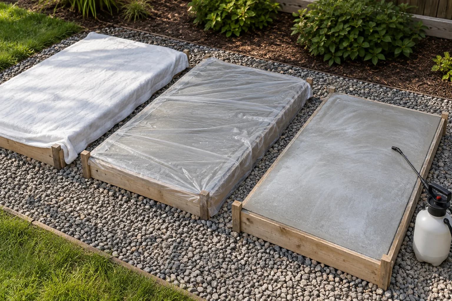 Three concrete slabs cured with a blanket, plastic sheet and curing compound
