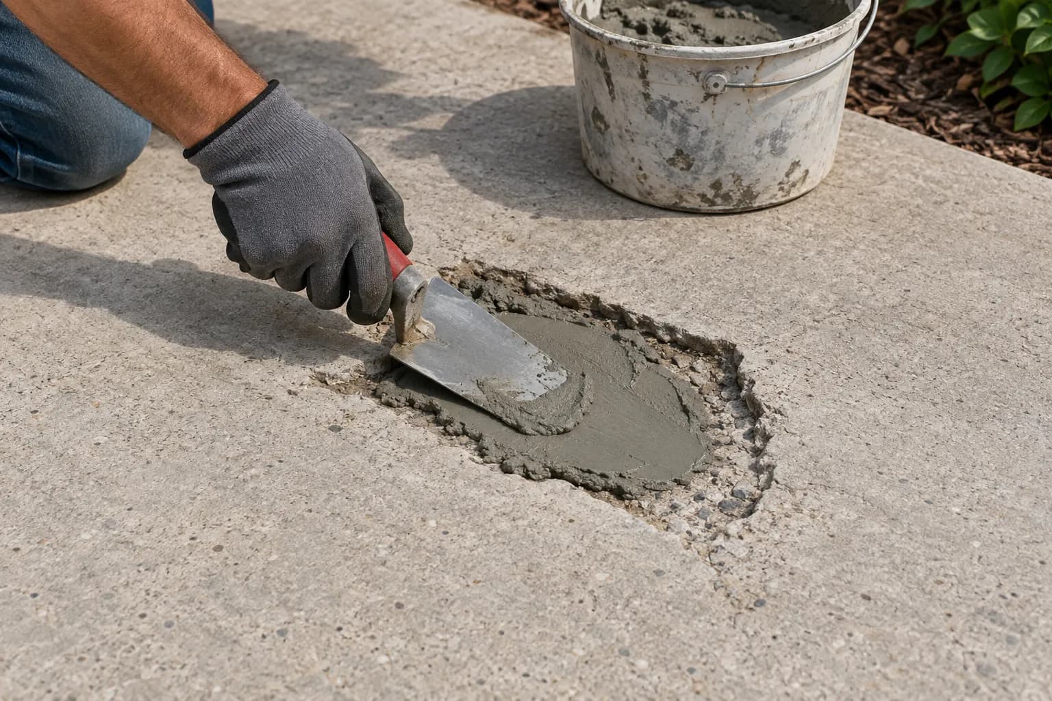 Troweling patching compound into a cleaned-out hole in a concrete slab