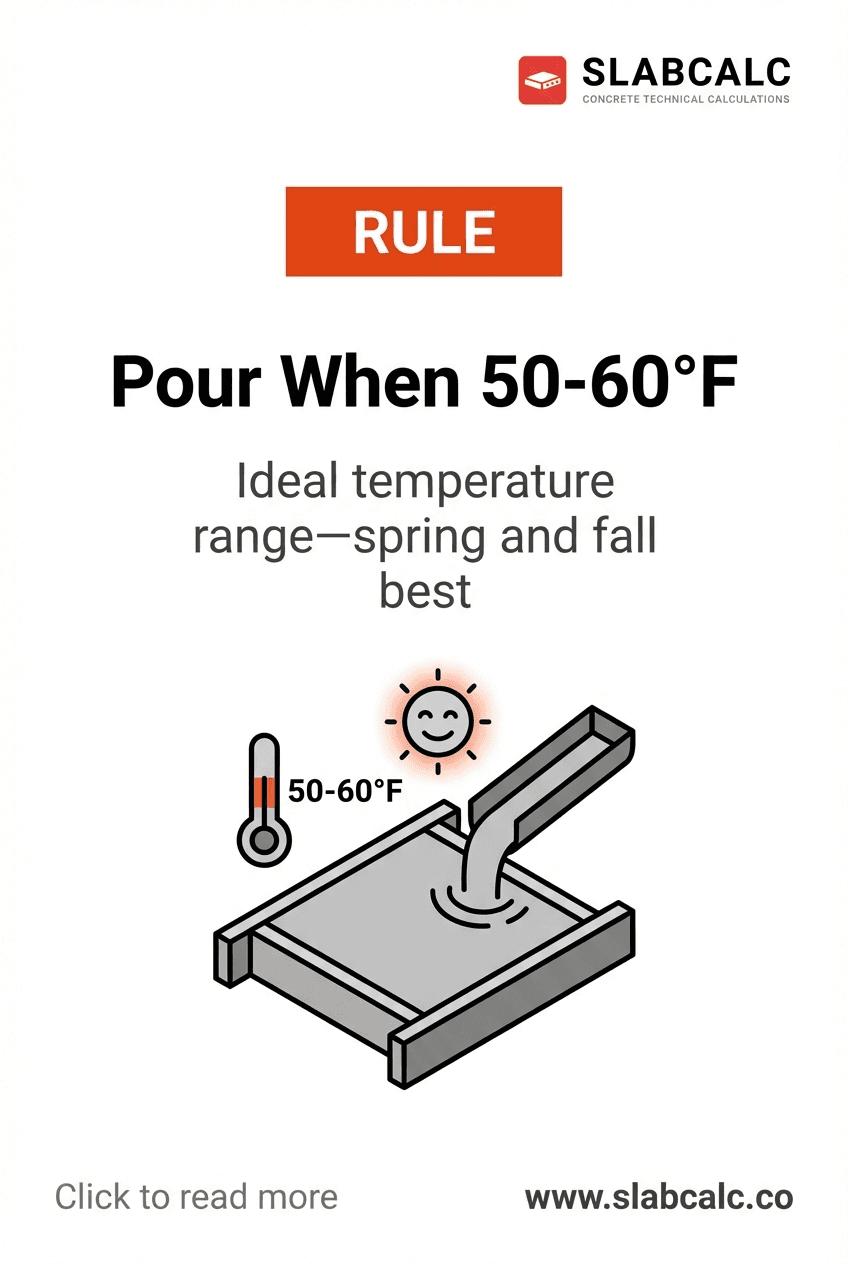 Temperature gauge showing optimal 50-60°F range for concrete pouring with spring and fall seasons highlighted