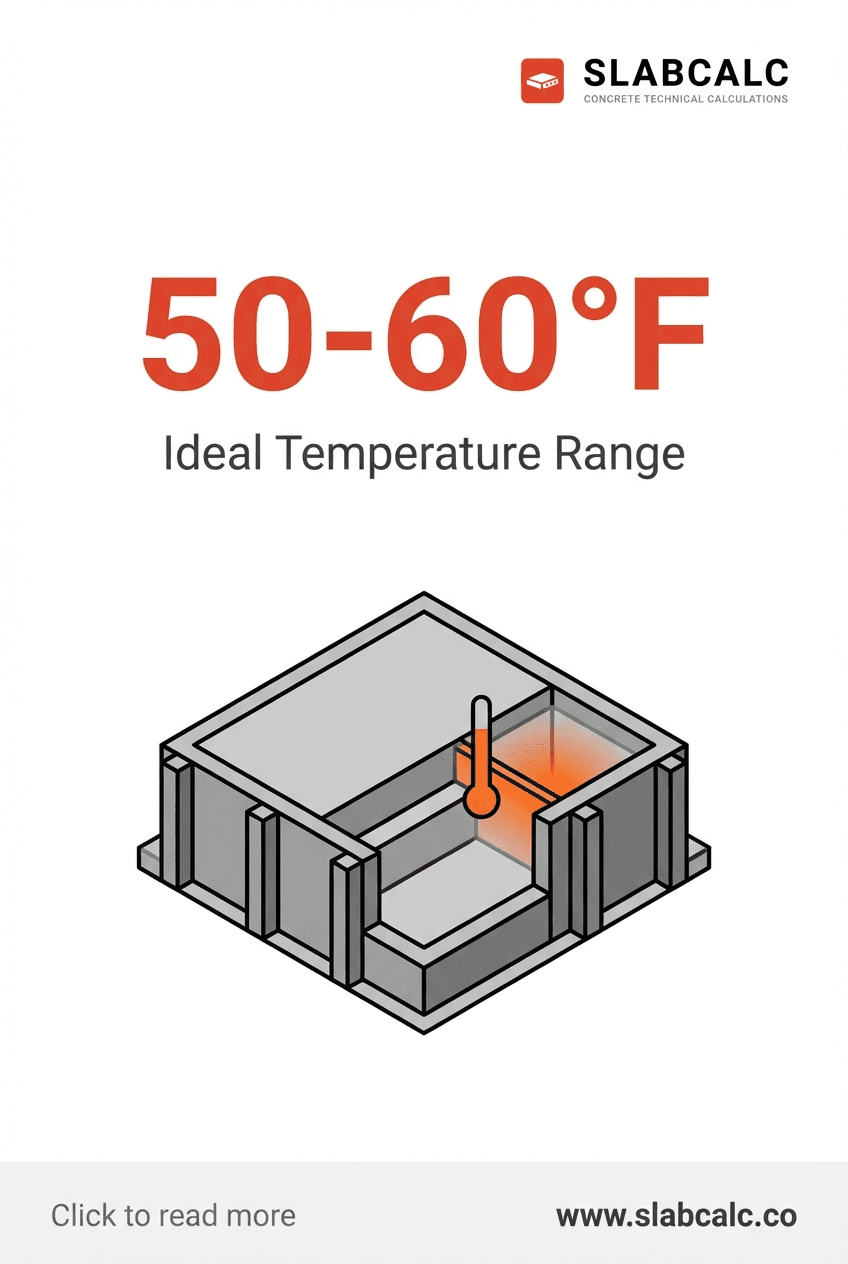 Temperature gauge showing ideal 50-60°F range for concrete pouring conditions