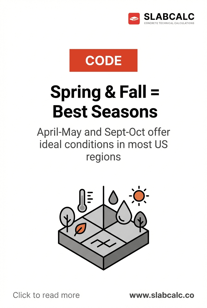 Thermometer showing ideal 50-60°F concrete pouring temperature range with spring and fall calendar