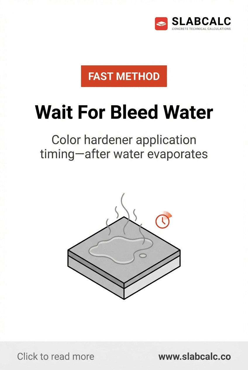 Concrete surface showing bleed water evaporation before color hardener application