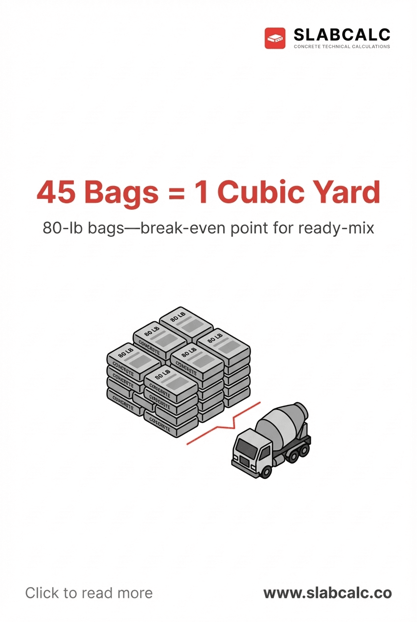 Stack of 80-pound concrete bags next to cubic yard measurement reference