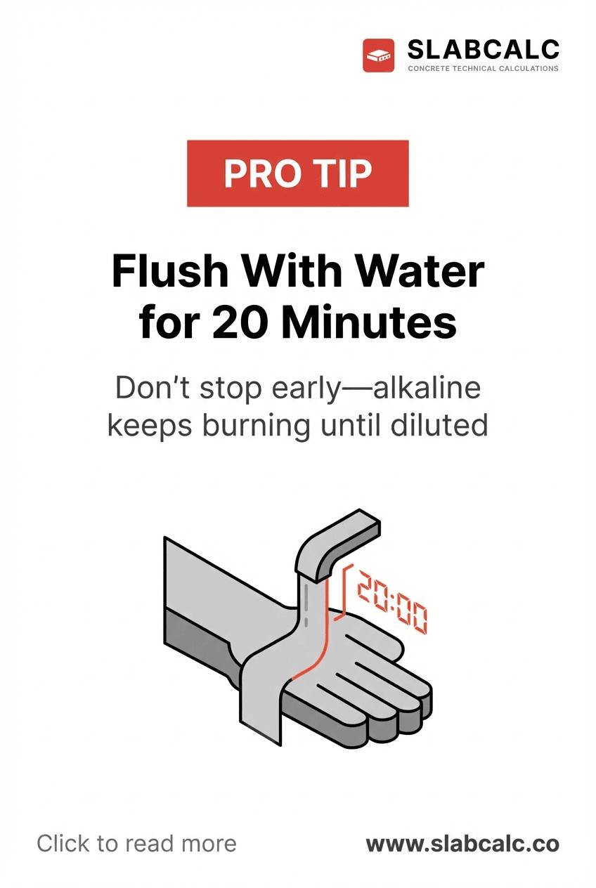 Worker flushing concrete burn with running water for extended treatment