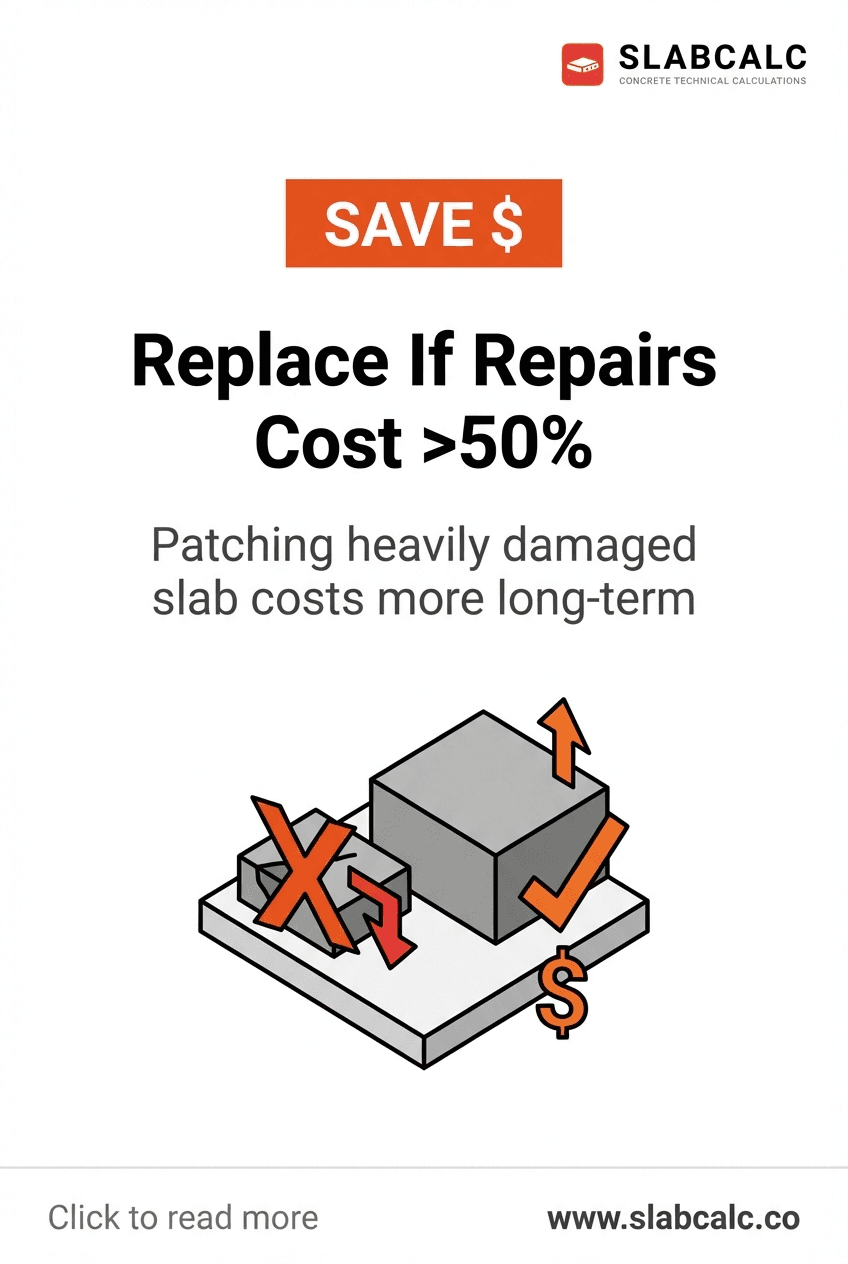 Comparison of damaged concrete slab showing repair costs versus full replacement investment