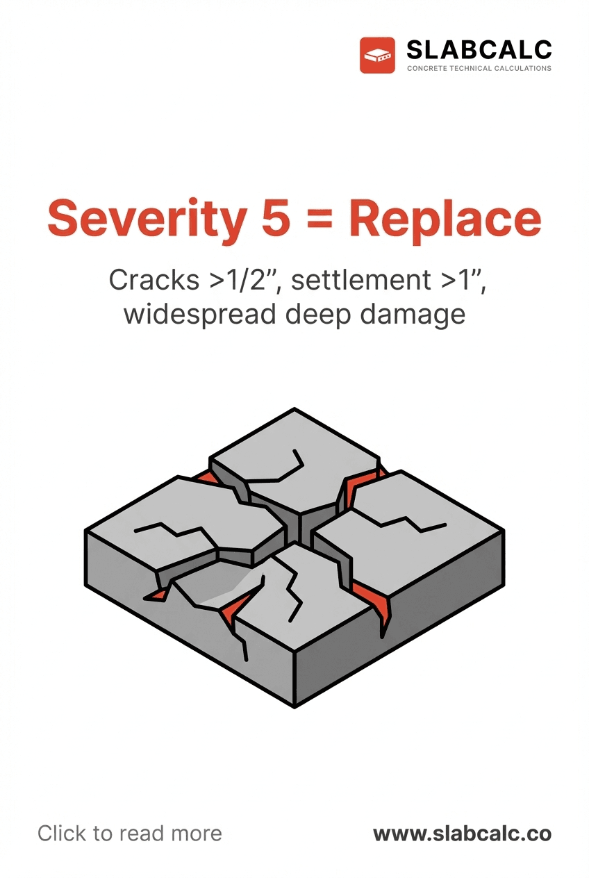 Concrete slab showing wide structural cracks and settlement exceeding replacement threshold