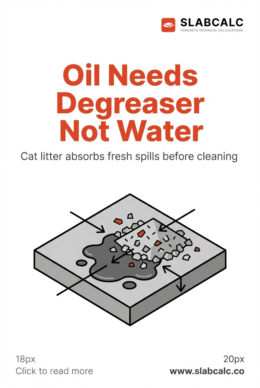 Dark oil stain on concrete driveway with cat litter absorption method in progress