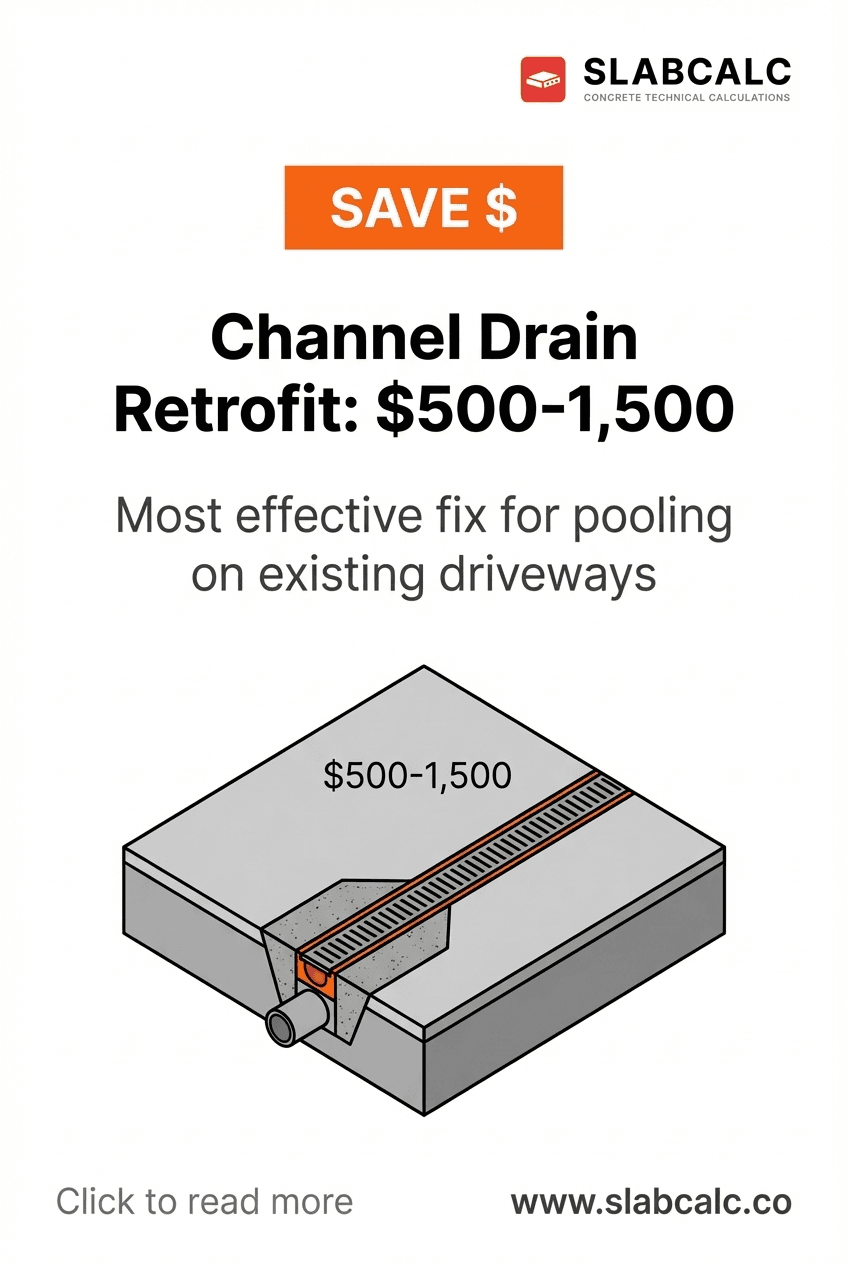 Linear channel drain installed across concrete driveway to redirect pooling water